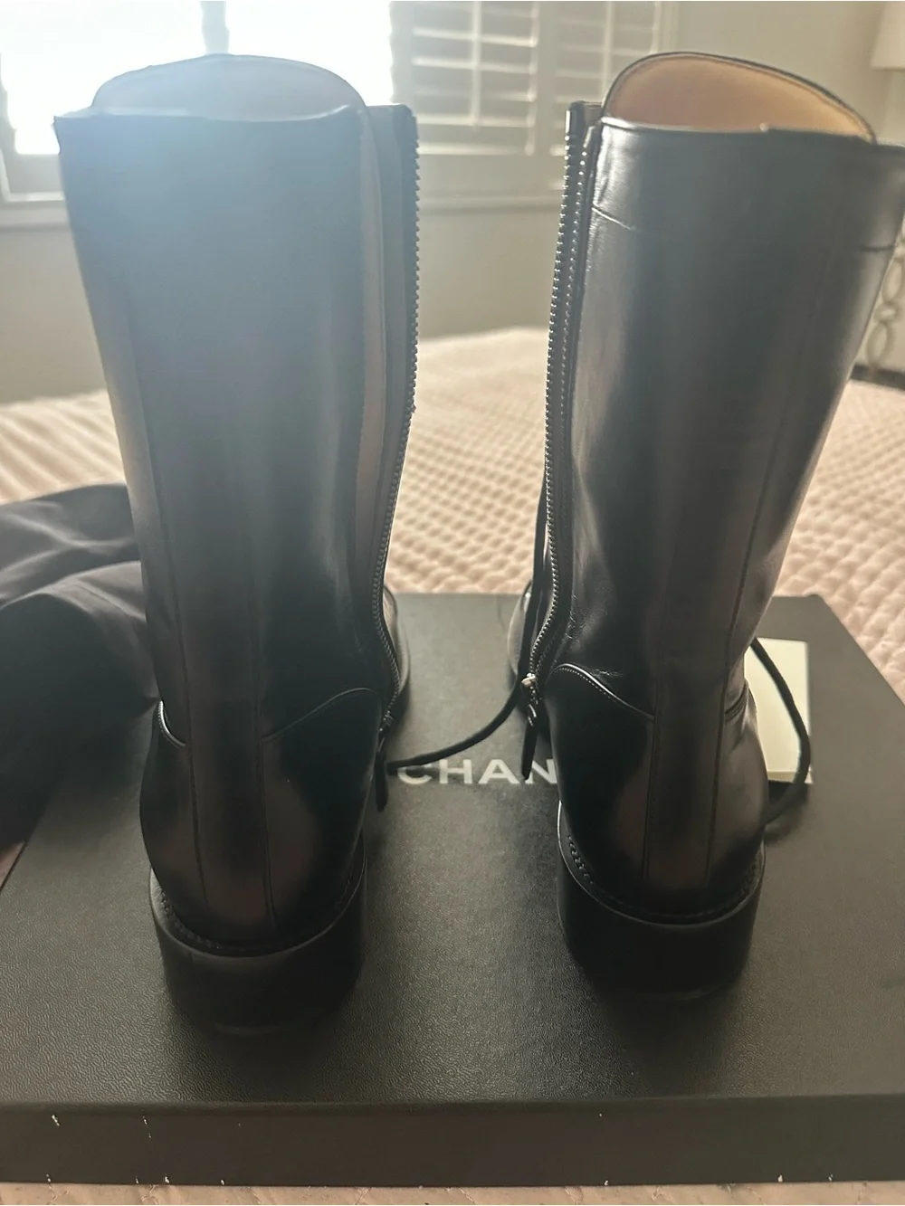 CHANEL Black Leather Lace-Up CC Combat Boots with Logo Toe